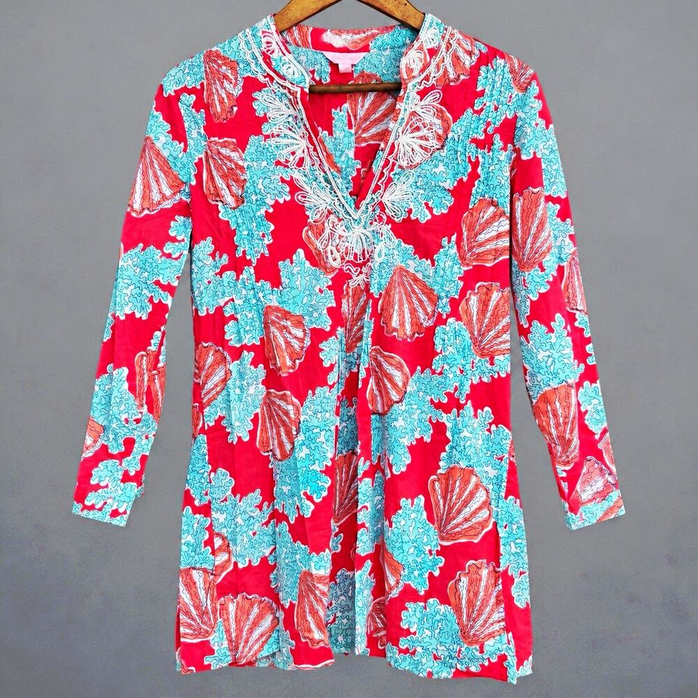Lilly Pulitzer Sarasota Tunic Top S Pink Blue Shell Embroidered V-Neck Cotton